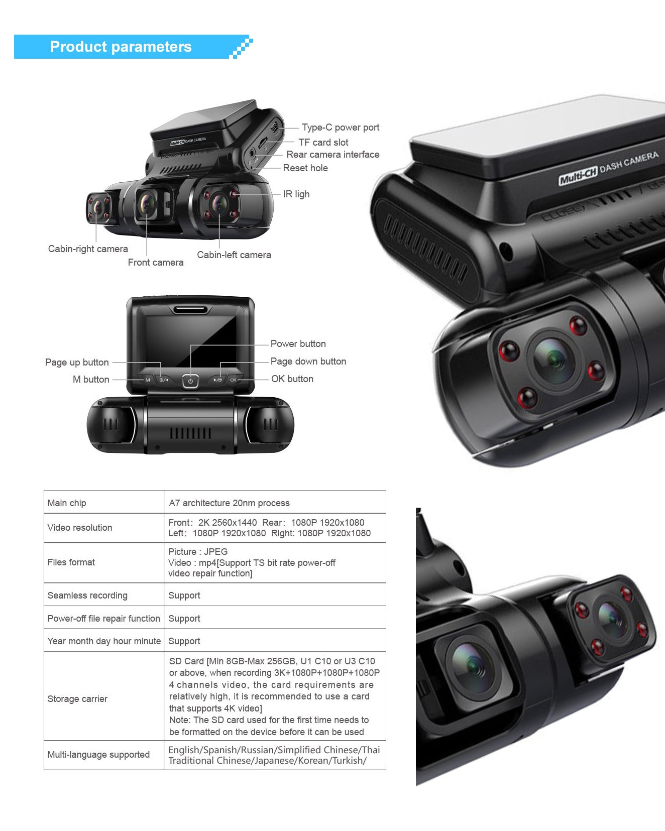 YARRAME Dash Cam 3 & 4 Lens HD Night Vision WiFi GPS Wide Angle Car Camera